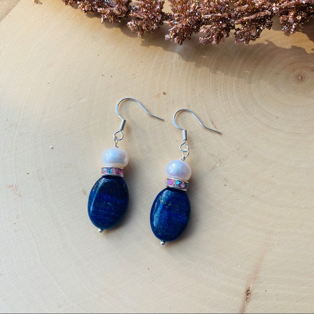 Lapis lazuli & Real Pearl Silver Dangle Earrings
